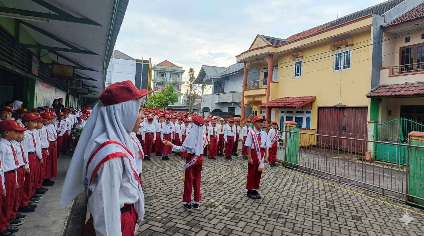 Barisan siswa berseragam merah putih di halaman sekolah saat upacara Senin
